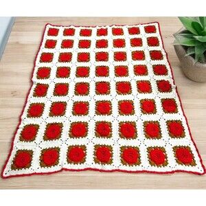 VTG Handmade Crocheted Afghan, Orange Green Puffy Rose Granny Square 54” x 60”